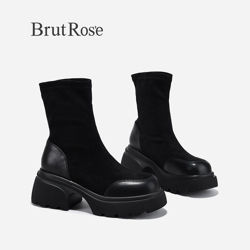 BrutRose2023秋季新款增高柔软弹力靴女圆头时尚瘦瘦靴气质中筒靴