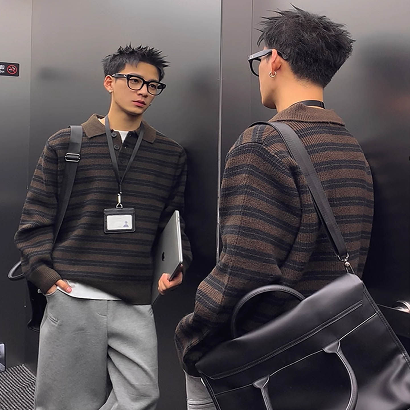 复古撞色条纹POLO领男毛衣冬季