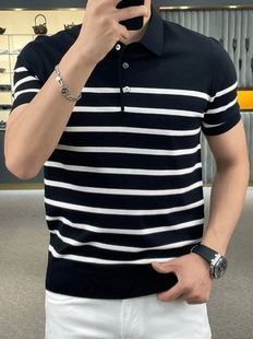男士伊力特冰丝短袖POLO衫针织t恤2024新款夏季个性条纹翻领潮流