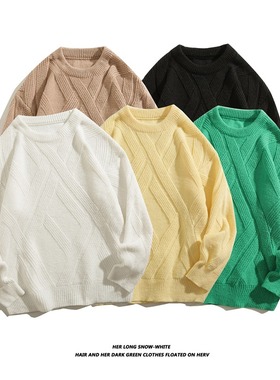 早秋款黄色圆领针织衫2024年新款韩版宽松美式设计感毛衣上衣潮男