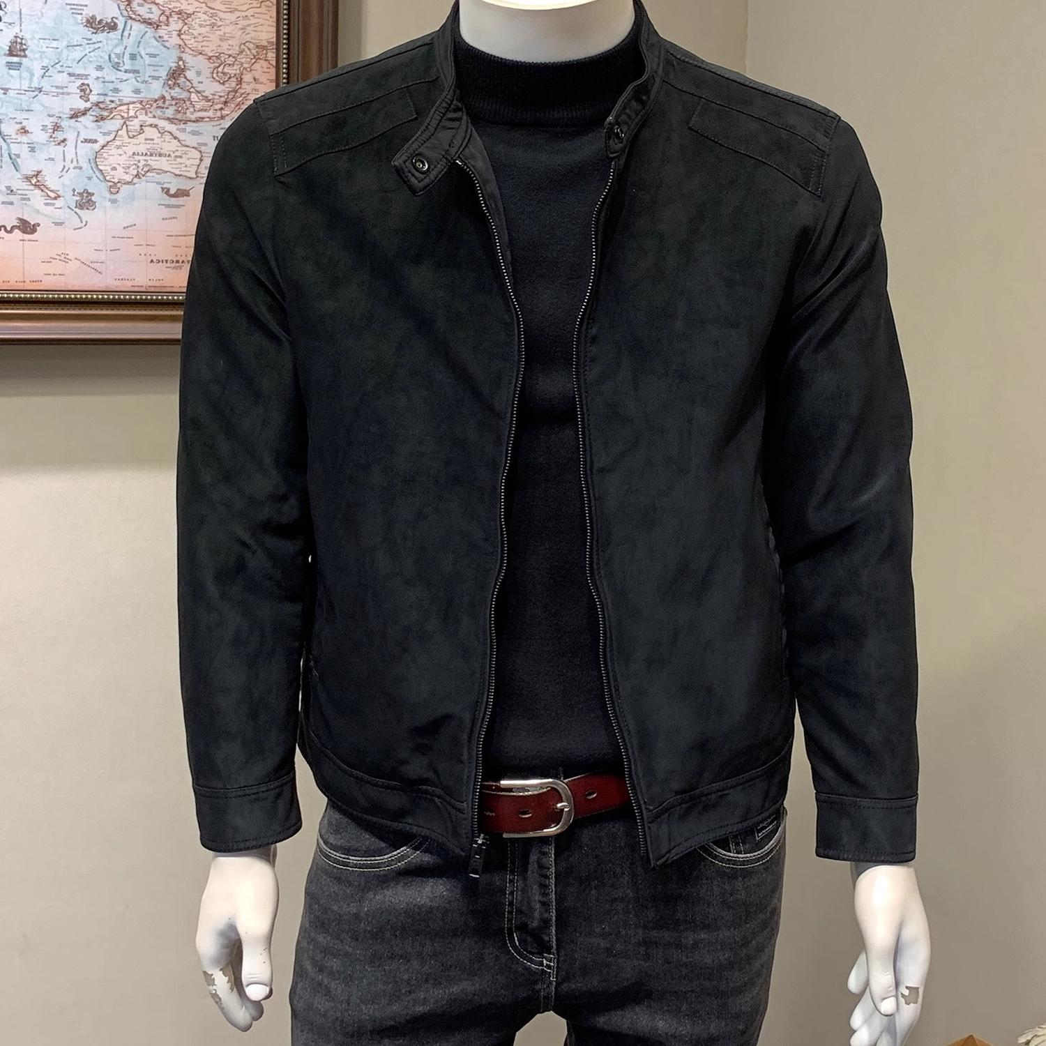 麂皮绒皮衣男春秋季韩版修身立领PU皮外套男简约休闲皮夹克男士潮