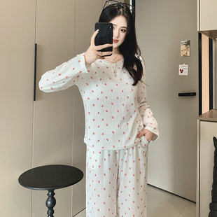 带胸垫睡衣女款春秋长袖纯棉2026年新款甜美圆领枫叶家居服两件套