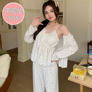 长袖 睡衣女纯棉2025年春秋夏季 新款 带胸垫奶肤肤白色小熊三件套装