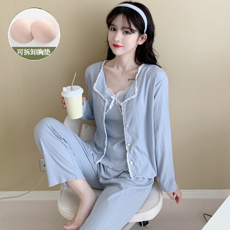吊带胸垫睡衣女夏款纯棉长袖长裤三件套装清新灰蓝春秋家居服外穿