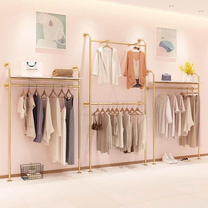 服装店展示架金色上墙壁挂式挂衣服架子女装店陈列架货架落地侧挂