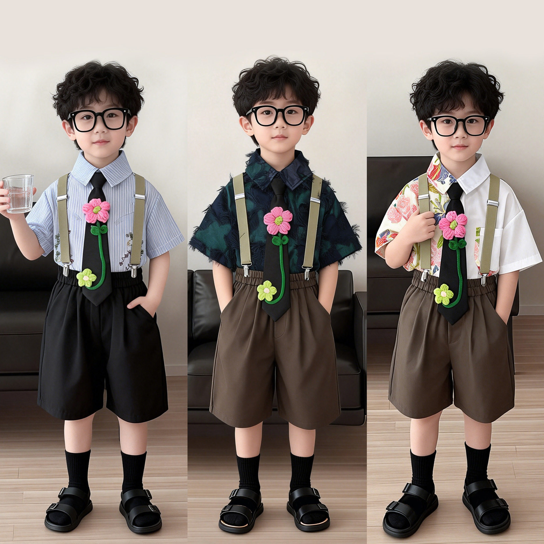 夏季男童洋气背带裤演出礼服套装
