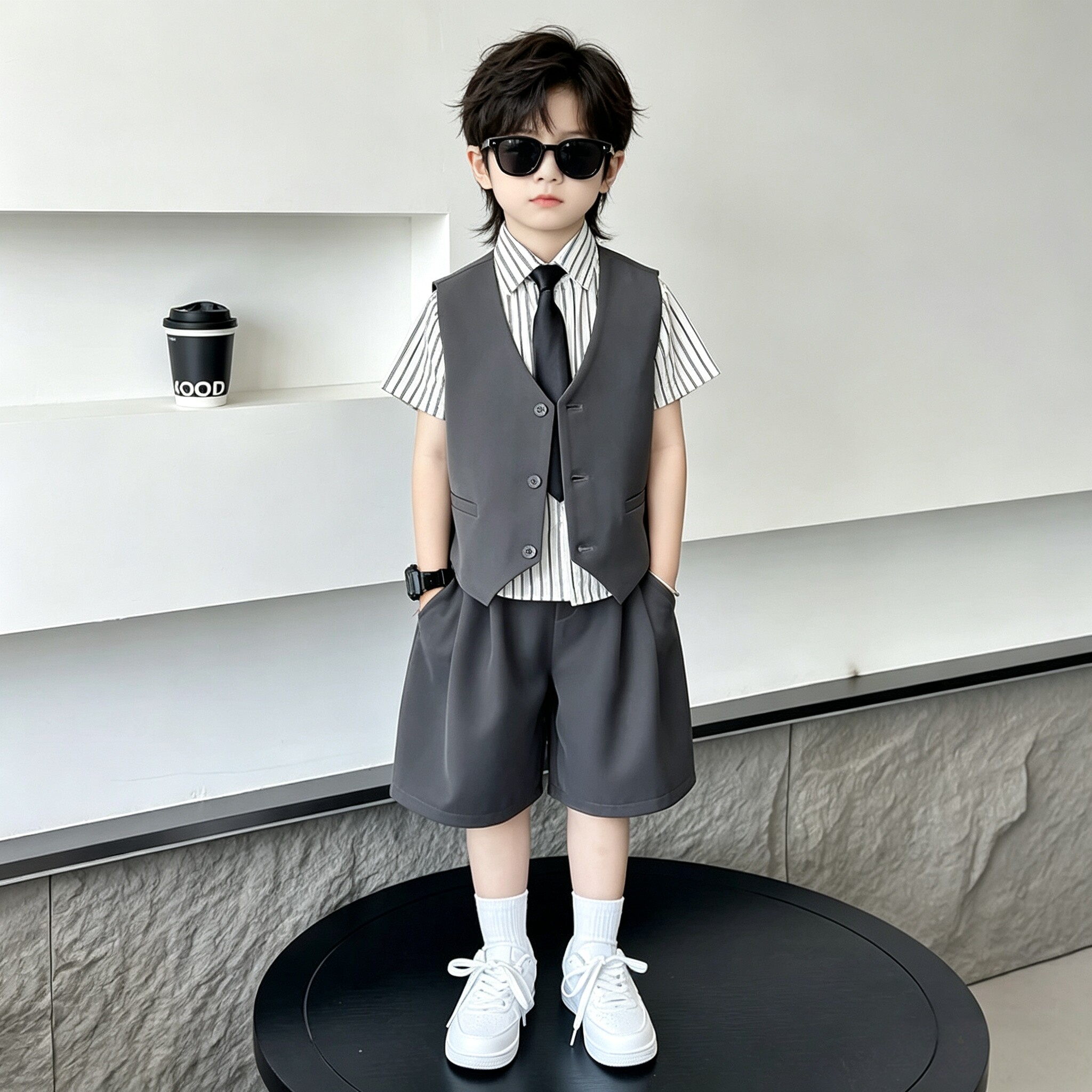 男童西装套装夏季马甲三件套儿童主持人礼服小男孩舞蹈演出表演服