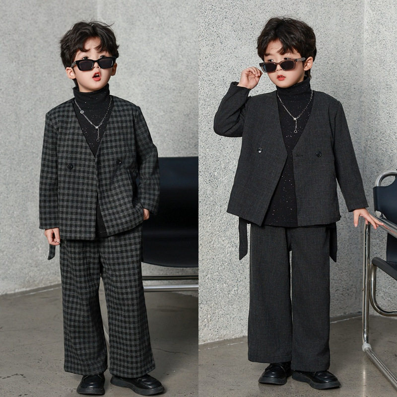 儿童西装套装2026春秋款休闲韩版格子舞台走秀礼服帅气花童小西服