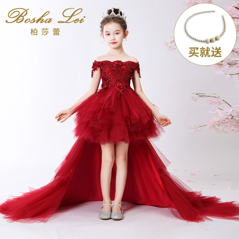 儿童礼服公主裙女童蓬蓬纱走秀拖尾花童小主持人一字肩红色晚礼服