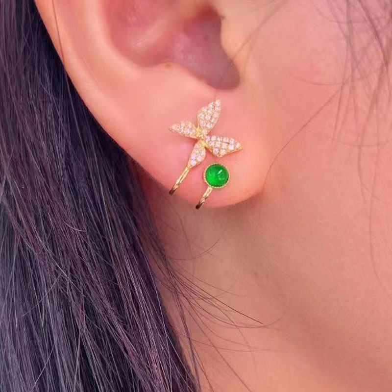 18K金镶嵌钻石 翡翠A货耳钉  耳坠蛋面耳环耳饰耳钩 简约精致女款