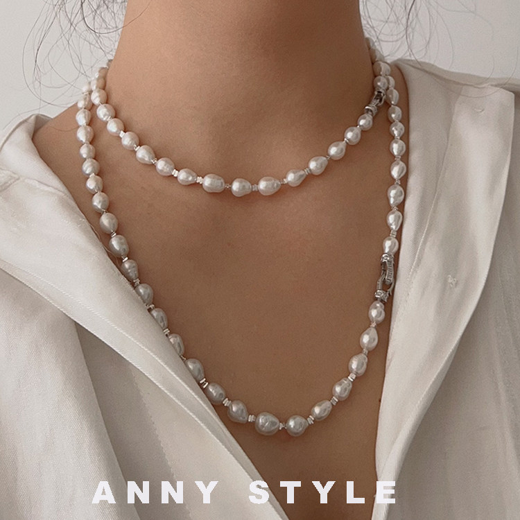 anna小众高级感碎银子S925银天然异形珍珠项链法式巴洛克珠毛衣链