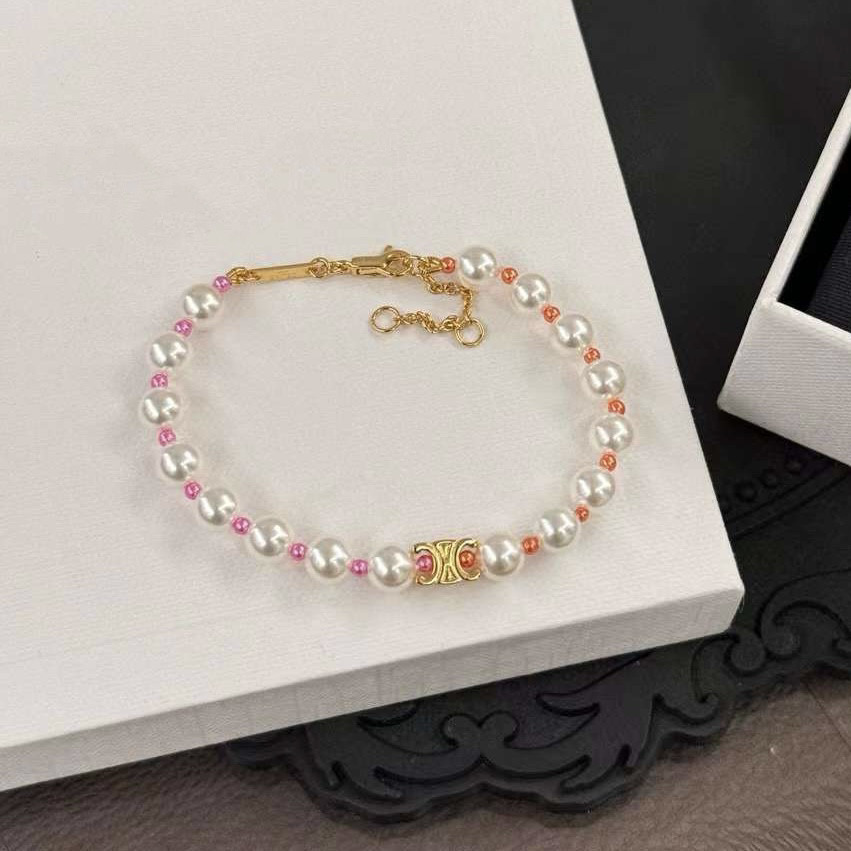 复古celi风凯旋门珍珠粉色法式手链