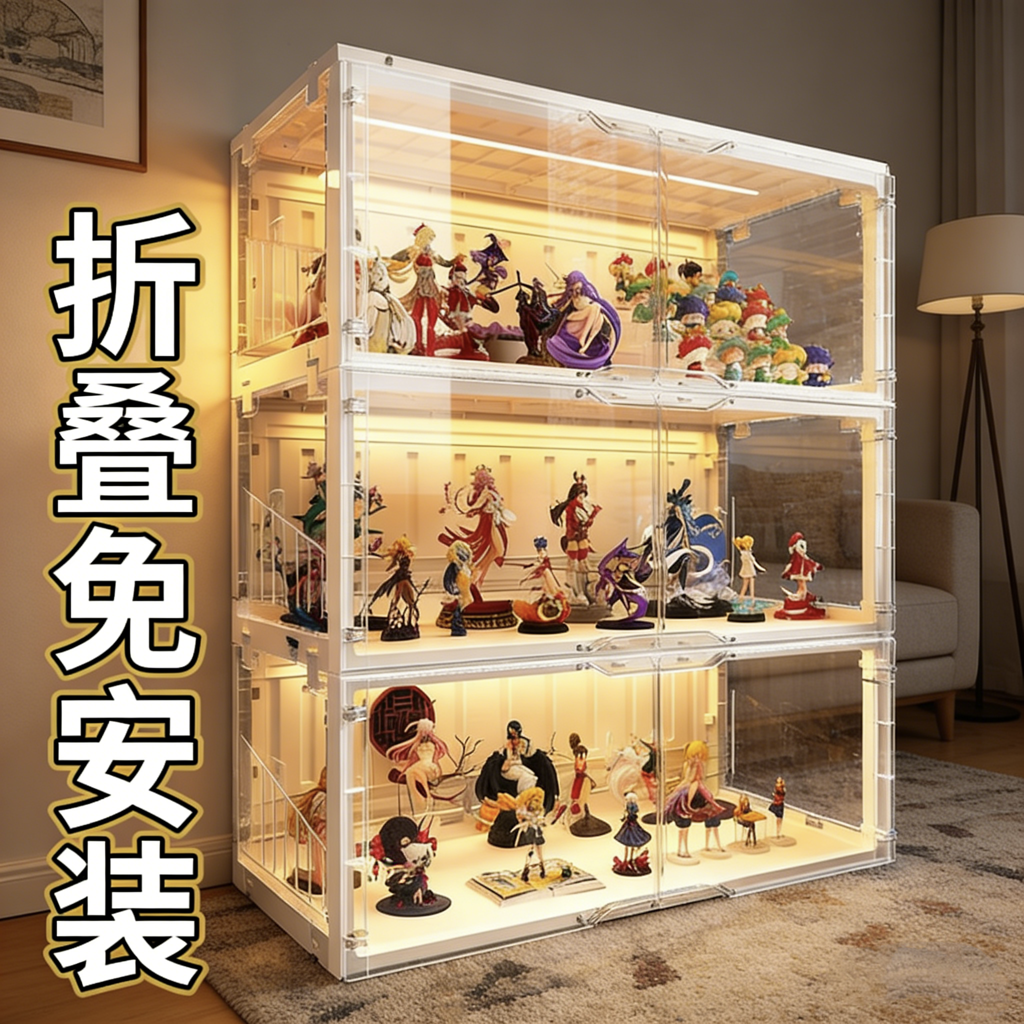 免安装手办乐高折叠展示柜大型透明收纳盒带灯模型积木玩具陈列架,收纳整理,手办收纳盒,淘宝优惠券,粉丝福利购,淘宝优惠卷