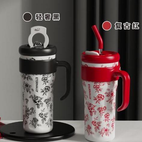 跨境巨无霸316不锈钢保温杯简约带图案手柄吸管杯户外40oz冰霸杯