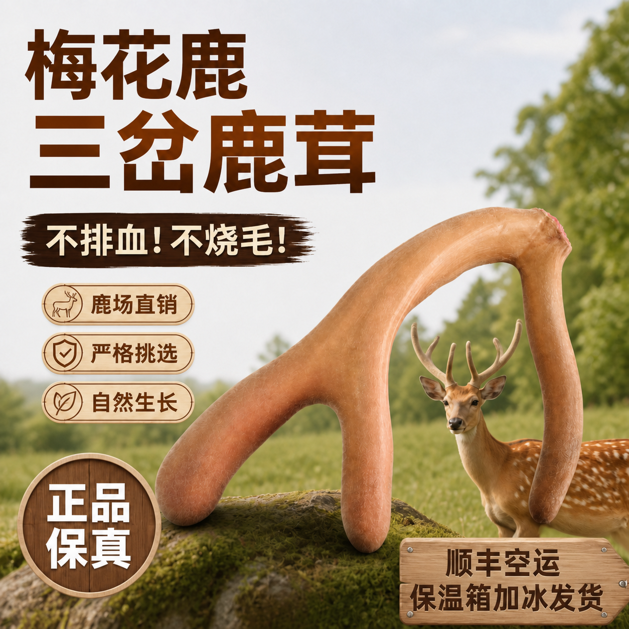 梅花鹿三岔新鲜带血整根鹿茸