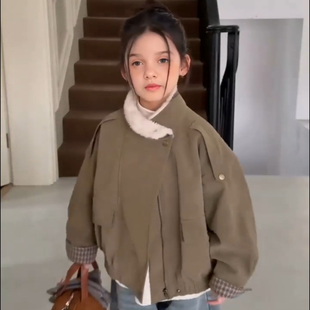 儿童2025冬季 宽松立领格子拼接皮外套加厚保暖夹克拉链皮衣潮 新款