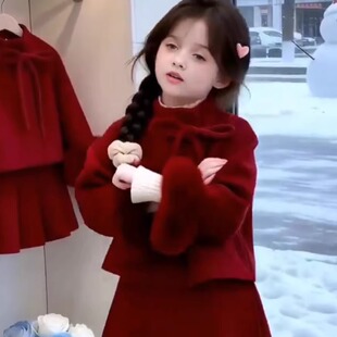 2026拜年服女童红色套装冬季大衣儿童双面呢外套公主裙毛呢背心裙