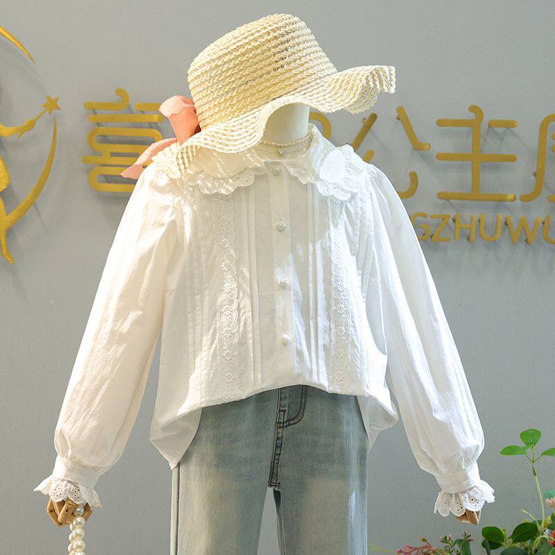 女童蕾丝长袖衬衫春秋常规娃娃领白色洋气韩版翻领衬衣甜美百搭