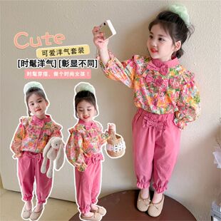 女童碎花时尚套装春装洋气春秋款女宝宝蝴蝶结女孩韩版春秋两件套