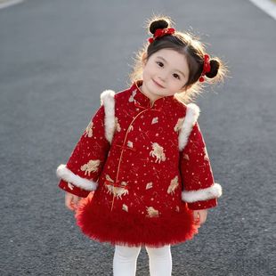 女童新年旗袍连衣裙冬装女宝宝国风连衣裙夹棉加厚周岁礼服拜年服