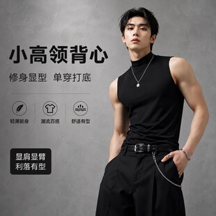 肌肉男健身训练服兄弟纯色透气打底运动无袖T恤高领弹力速干背心