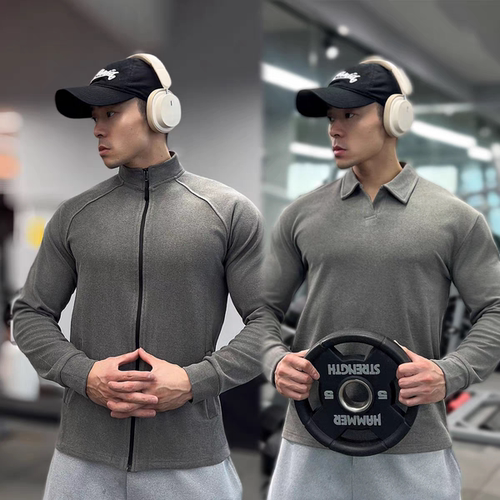 薄绒秋冬男士运动打底衫拉链开衫健身训练紧身衣保暖长袖POLO领