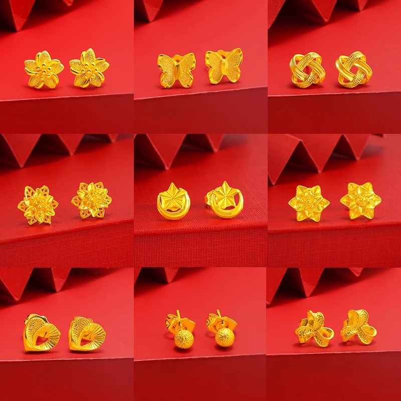 999黄金色百合花耳钉女