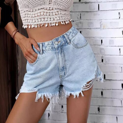 Women's INS casual high waisted fringed denim shorts, jeans