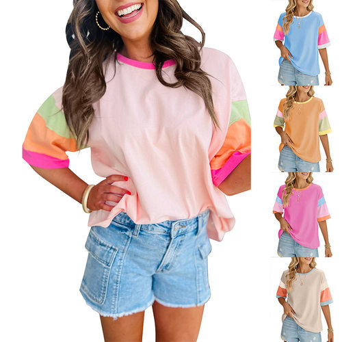 Womens summer loose casual color blocked short sleeved shirt