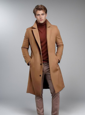 Woolen men's long autumn and winter woolen warm youth coat,