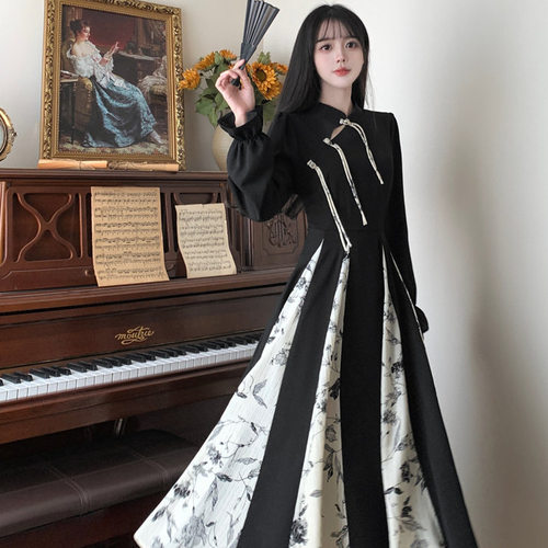 Retro Chinese dress with skirt hem, autumn semi open dress