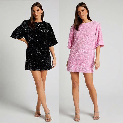 women's sequin fashion temperament rear V-neck short dress