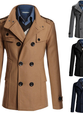 Men's woolen coat, men's slim fit medium length woolen coat