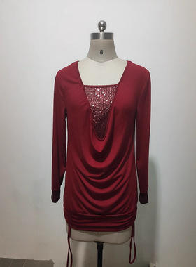 New Year's womens glitter U-neck long sleeved casual T-shirt