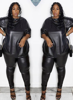 Plus size women's leather jacket short sleeved pants set
