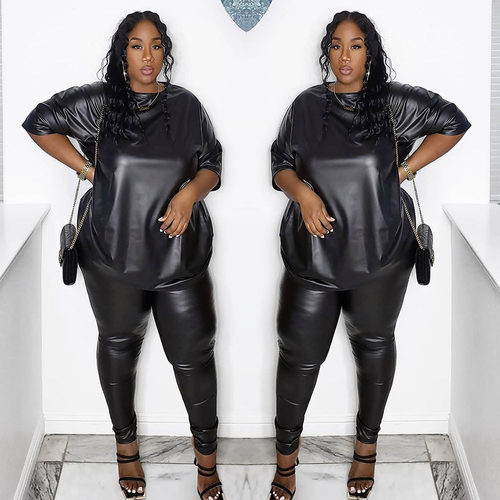 Plus size women's leather jacket short sleeved pants set