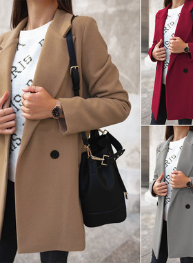 Autumn winter women's long sleeved double row woolen coat