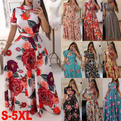 Sexy women Flower Fashion Dress Spring Short Sleeve Mid Wais