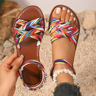 Weaving women's ethnic flat lace Roman plus size sandals