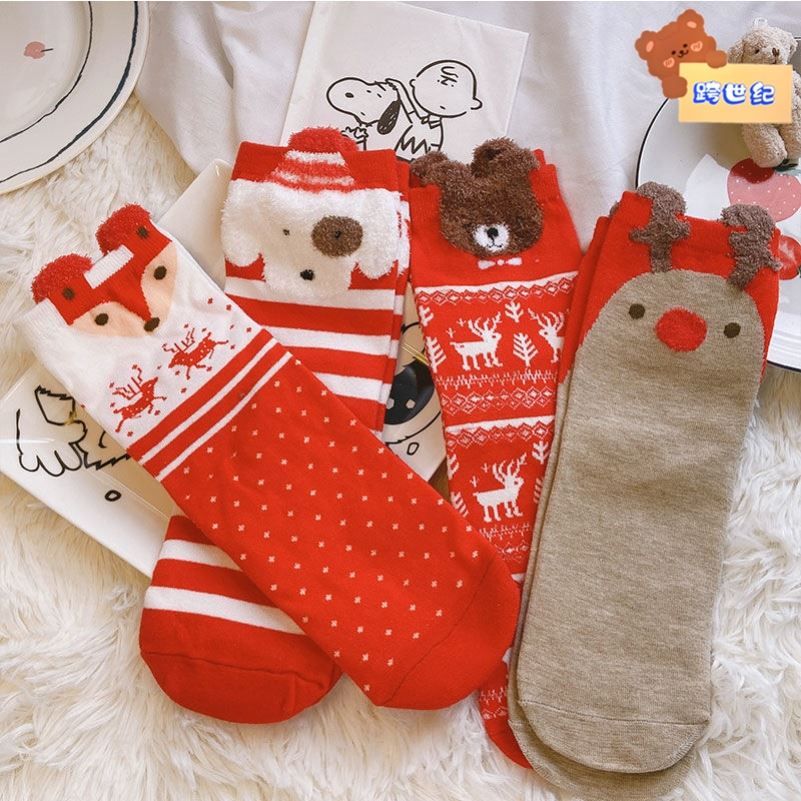 红色卡通圣诞袜女圣诞节快乐christmas socks袜子装扮用品2021厚