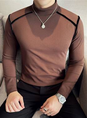 季丝拼接半高领打底衫时尚弹力修身潮流百搭中领内搭0317k