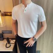 短袖 高级感polo0207r 潮流修身 T恤男纯色亨利领小V领冰丝半袖 夏季