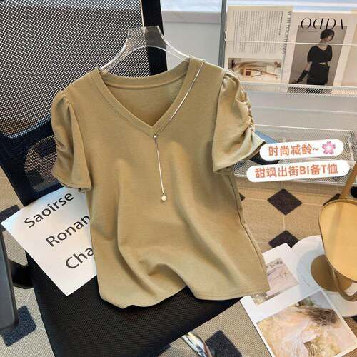 舒适大码泡泡袖V领链条短袖t恤女夏新款韩版胖mm显瘦遮肉0506k