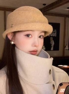 赫本风优雅毛呢礼帽女秋冬气质高级感针织渔夫帽保暖百搭千0117k