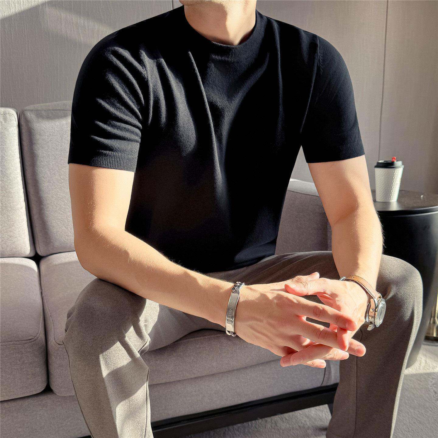 圆领毛衣男修身韩版百搭加厚款t恤半袖休闲针织短袖打底衫潮0420k