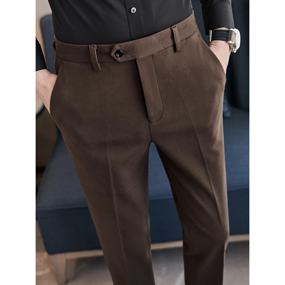 男裤子呢子冬季加厚小脚毛料商务高端棕色咖色休闲男士西裤1203w