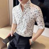 男短袖 夏季 薄款 高级感痞帅花衬衫 蕾丝镂空透气休闲法式 大V领0130r