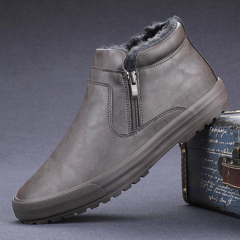 秋冬棉鞋男软皮短靴子皮靴东北雪地靴加绒保暖一脚蹬懒人皮1030r