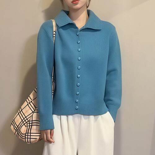上衣克莱因蓝高领扣子毛衣开衫女春冬宽松慵懒风高级感气质1007d