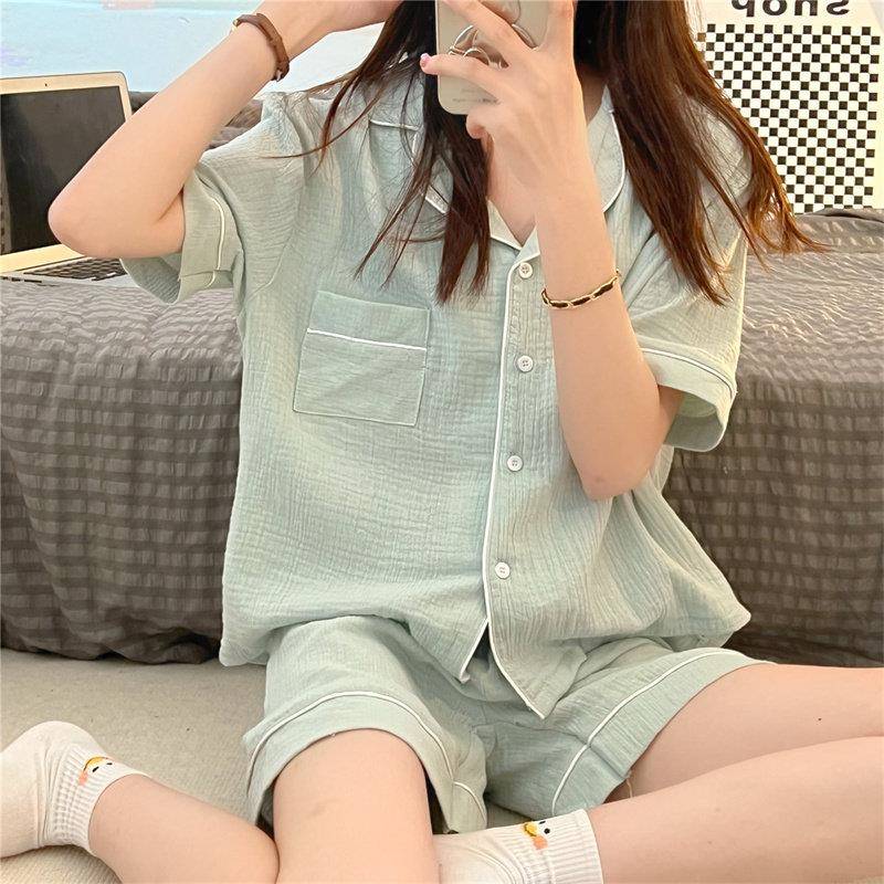 睡衣简约女夏季新款少女薄款短袖短裤开衫家居服两件式套装0831k